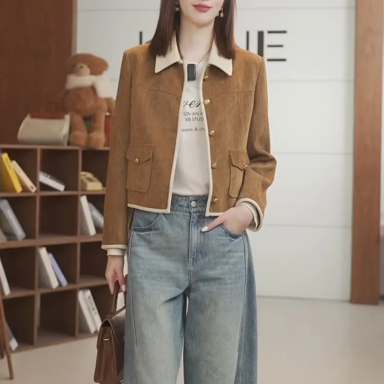 斜纹复古雪尼尔丝绒短款外套女2025秋冬季宽松休闲加棉加厚夹克