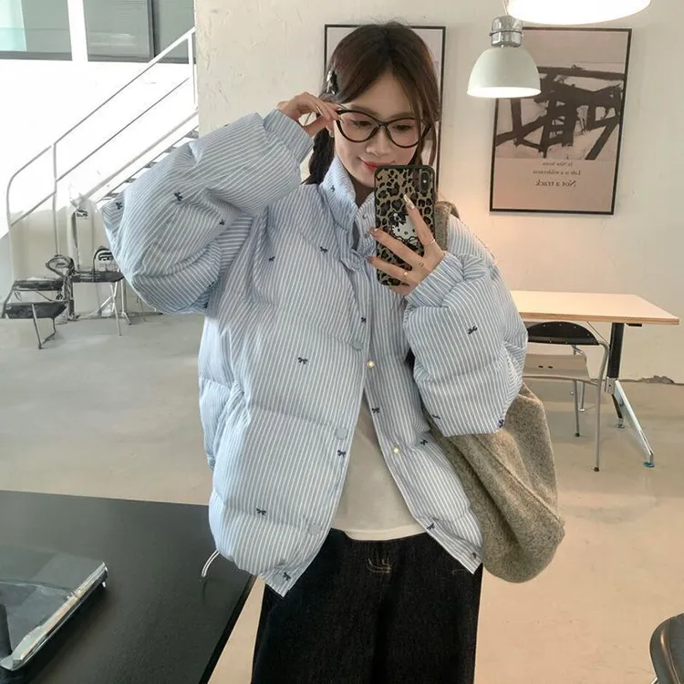 日韩vibe风条纹蝴蝶结棉服冬季新款设计感百搭加厚保暖外套蓝色潮