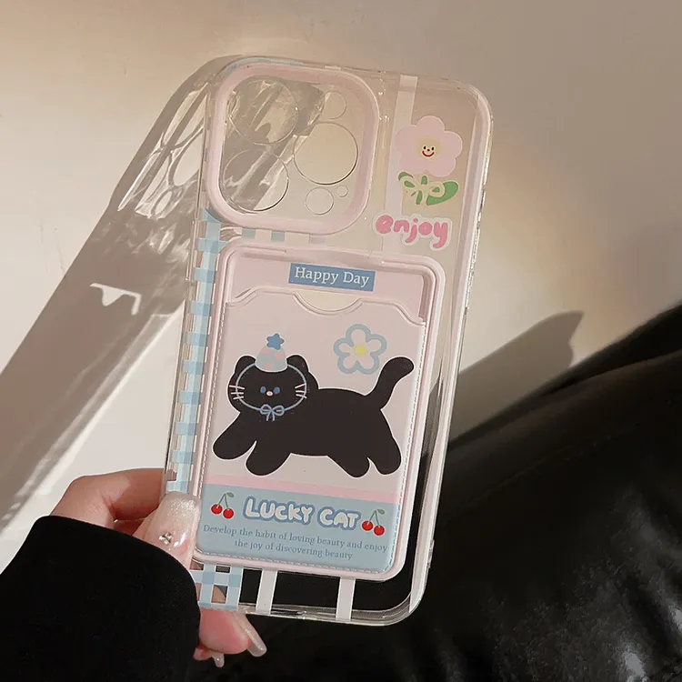 卡包ins可爱花朵猫咪适用iphone15手机壳13promax苹果14透明11/16