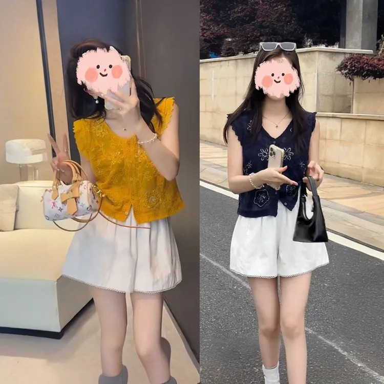 纯欲慵懒老钱风女装法式夏季V领上衣百搭短裤套装小众洋气衣服女