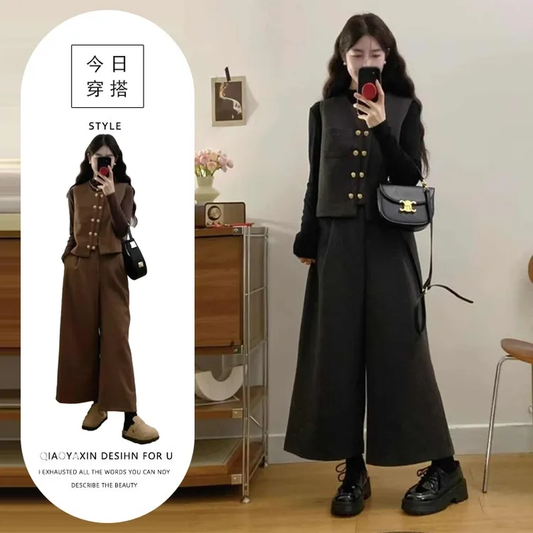 2025秋冬新款小香风马甲套装女大码胖mm洋气显瘦遮肉阔腿裤三件套