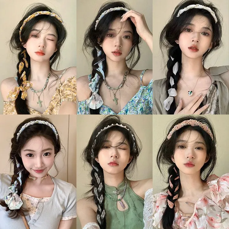 夏季碎花编发带女绑发丝巾飘带发箍系丝带一体式头箍超仙珍珠系带