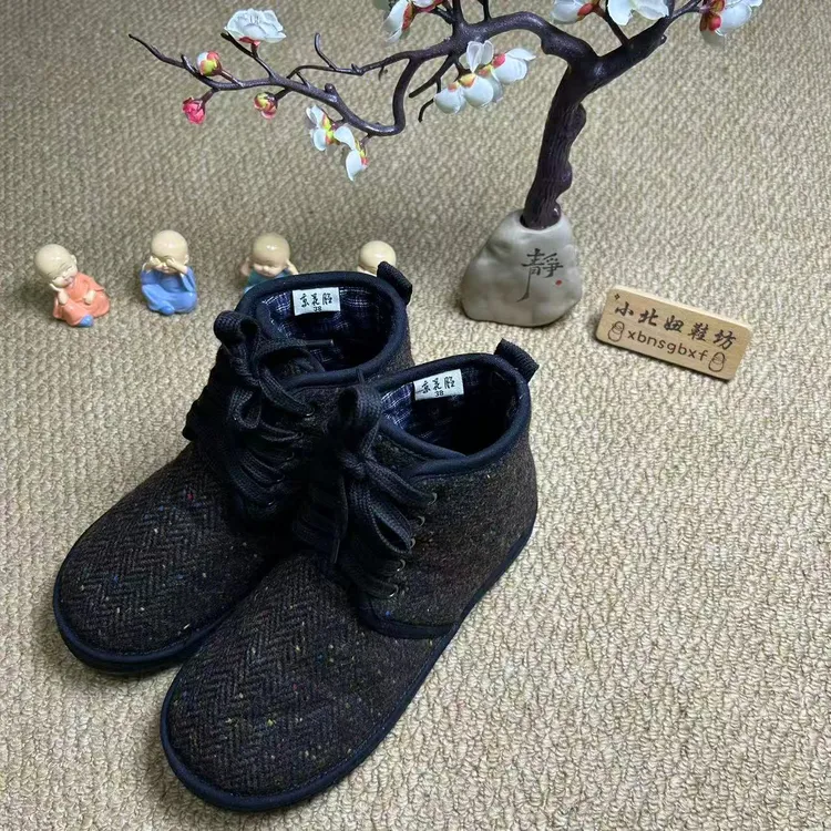 小北妞冬季高帮彩色毛呢系带千层底棉花鞋透气软底女鞋冬季棉鞋