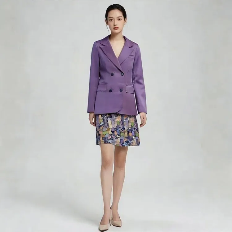 今年流行爆款西装短裙套装女2025年新款紫色外套印花半身裙两件套