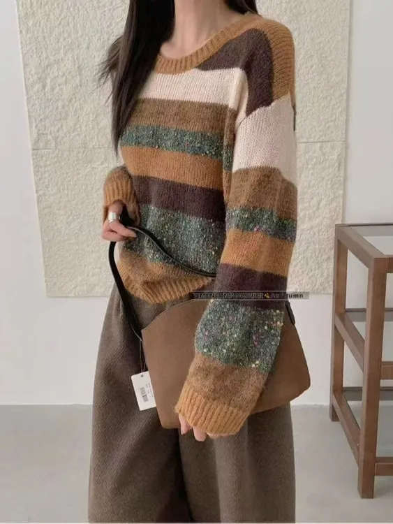 网红爆款纯羊毛女士套头款复古时尚条纹常规款圆领毛针织衫NJ9102