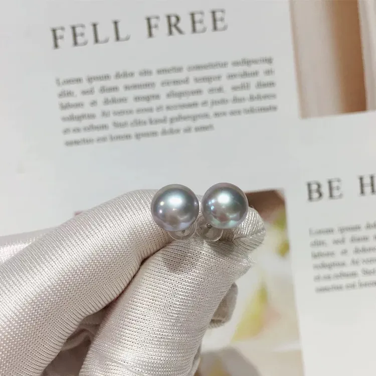 0206天然淡水灰色珍珠耳钉女 8-9MM百搭气质真多麻灰色耳饰