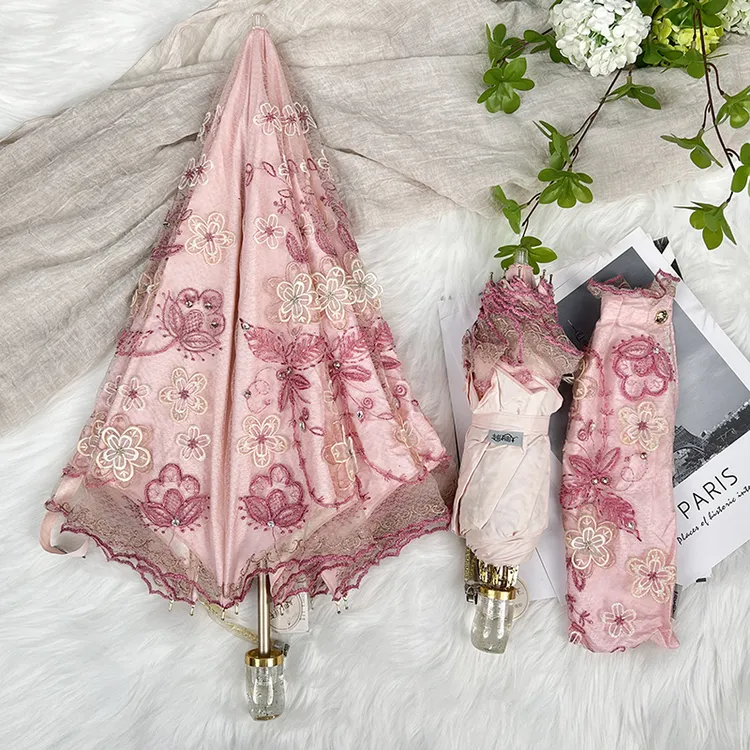 宏达双层9274二折折叠复古防紫外线黑胶两用长柄小清新8骨太阳伞