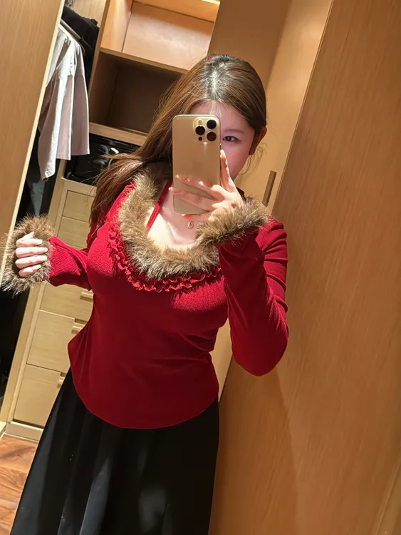 【一茹】微胖mm冬季v领毛绒花边系带显瘦长袖T恤高腰半身裙套装