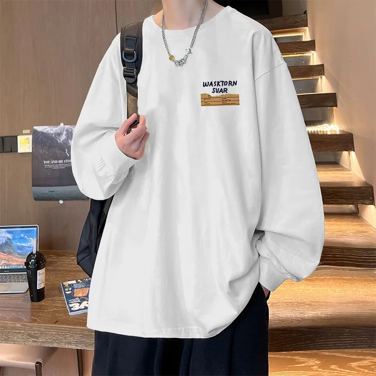 春秋季圆领纯棉宽松重磅长袖t恤男美式潮牌内搭休闲打底上衣男生