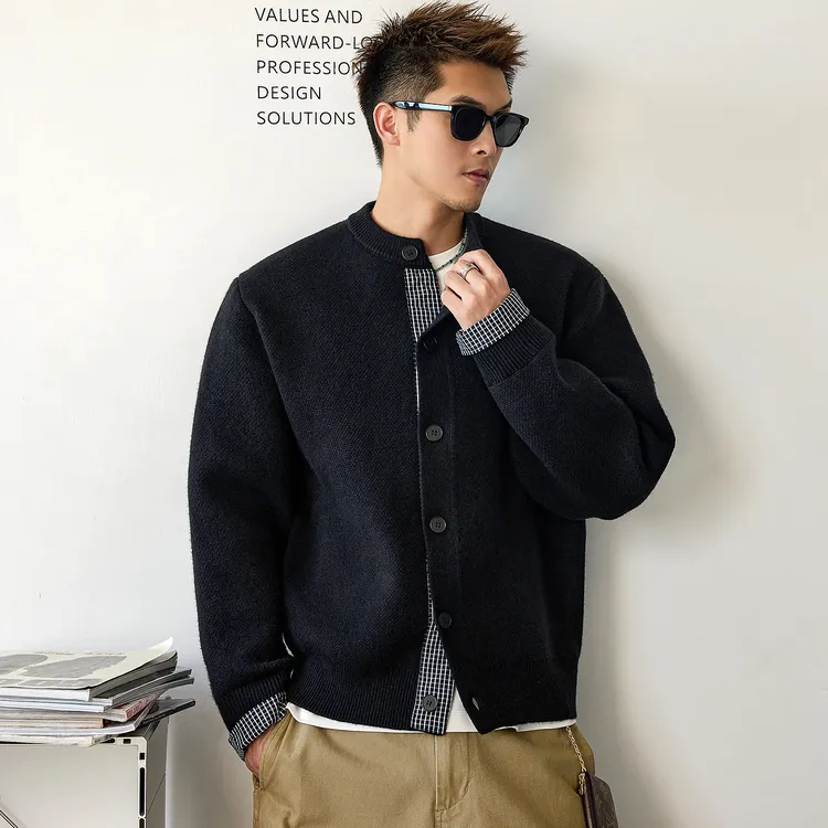 Aft studio格子拼接 纽扣开襟纯色开衫毛衣男秋冬休闲针织衫外套