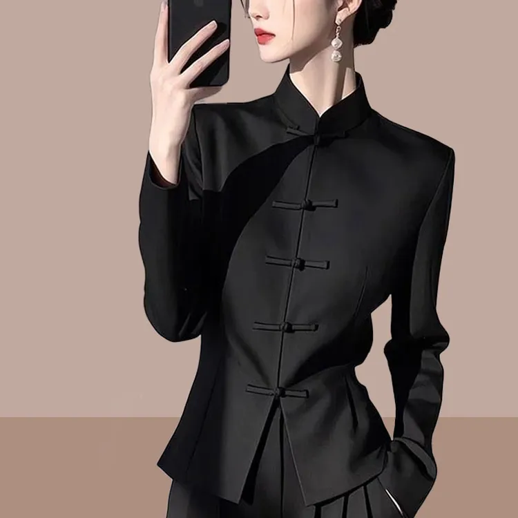 2025春季新款新中式国风时尚套装女士盘扣衬衫黑色长裤减龄两件套