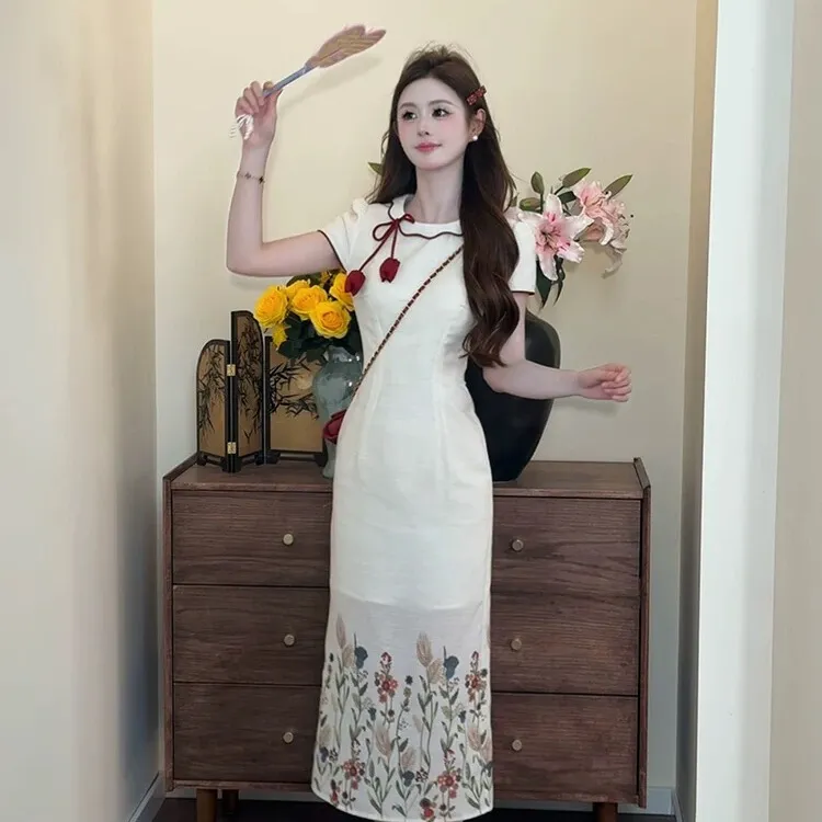 新中式改良旗袍女夏季2025年新款花瓣领印花旗袍别致绝美连衣裙潮