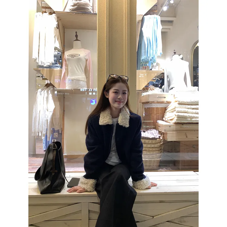 小香风拼接毛毛设计感小个子短款外套棉服阔腿显瘦牛仔裤喇叭裤女