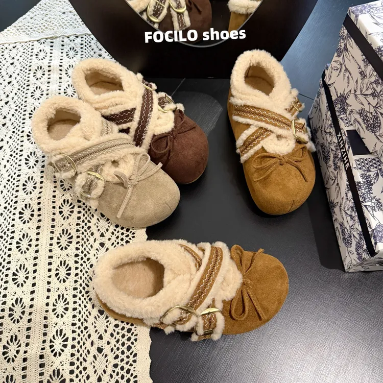 蝴蝶结厚底内增高勃肯鞋棉鞋女2025新款加绒保暖外穿毛毛玛丽珍鞋