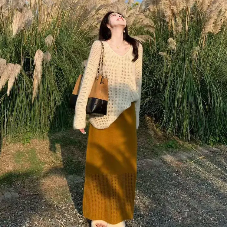 大码女装韩系宽松慵懒针织衫时尚上衣2025早秋新款显瘦半身裙