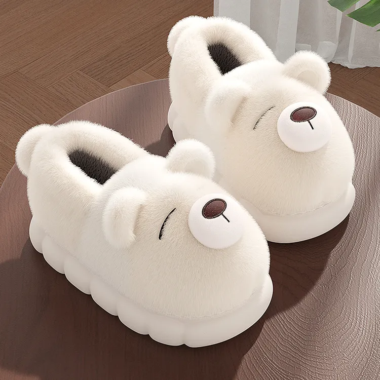 红豆眯眼小熊棉拖鞋女士秋冬季2025新款防滑厚底加绒包跟保暖棉鞋