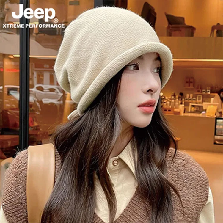 JEEP/吉普网红堆堆帽显脸小秋冬款日系大头围冷帽针织毛线帽子