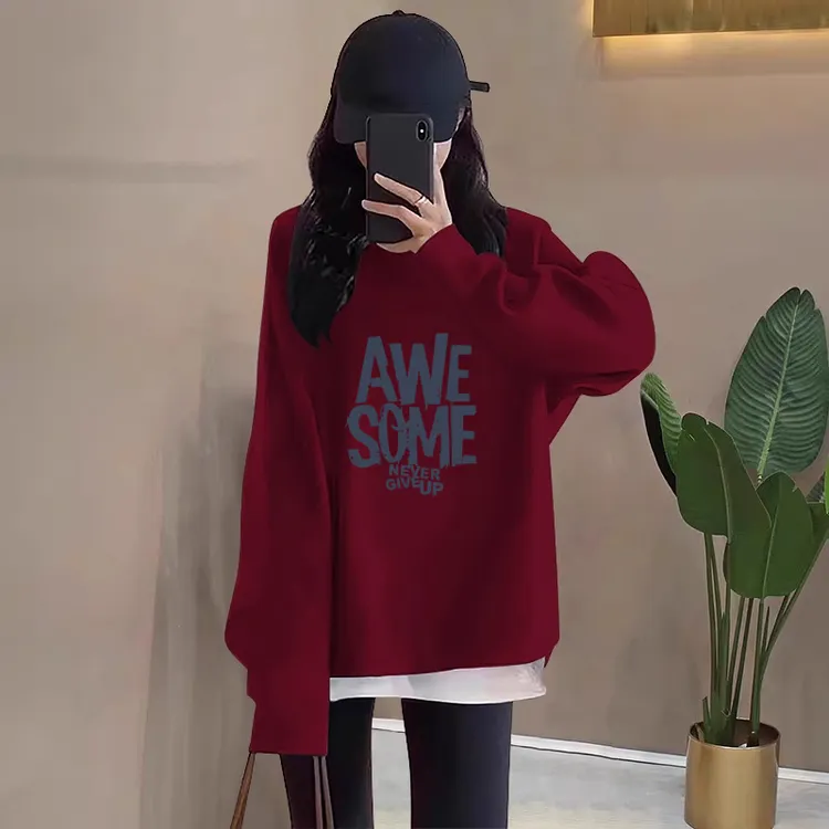 假两件圆领卫衣女2025秋冬新款中长款盖遮屁股加绒加厚酒红色上衣