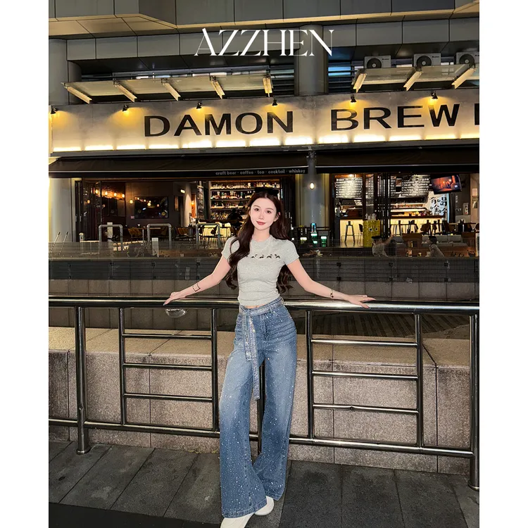 AZZHEN【满天星】轻奢复古烫钻小个子高腰阔腿牛仔裤AZ5CNK11-00