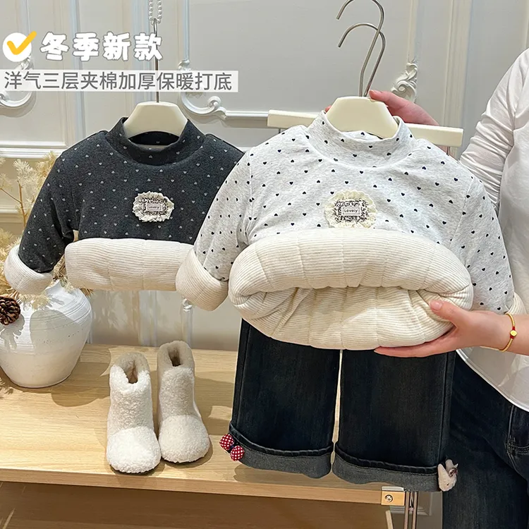 秋冬季6-12岁女童潮款卫衣长袖上衣宝宝三层夹棉加厚棉衣儿童童装