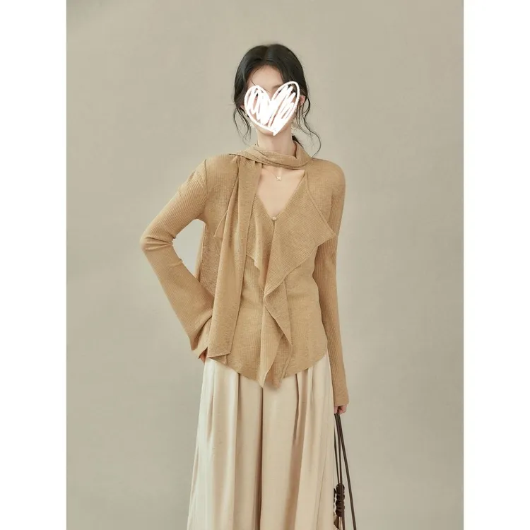 【入秋松弛系】设计感飘带V领T恤女秋长袖上衣+麻色阔腿裤女装