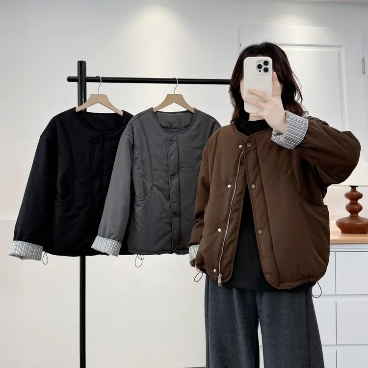 大码韩版新款撞色拼接巨好看夹棉外套女秋冬爆款时尚短款棉服上衣