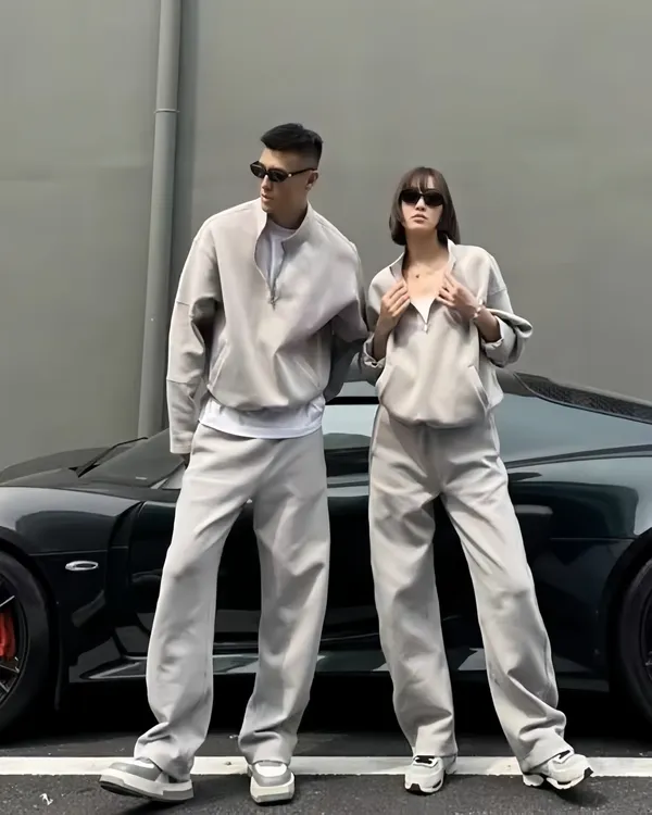 秋季美式重磅空气棉休闲运动套装男士高级感立领卫衣弯刀裤两件套