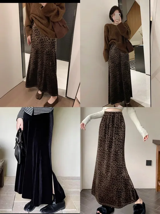 新款复古豹纹丝绒半身裙女秋冬季高级感气质高腰a字鱼尾长裙9111#