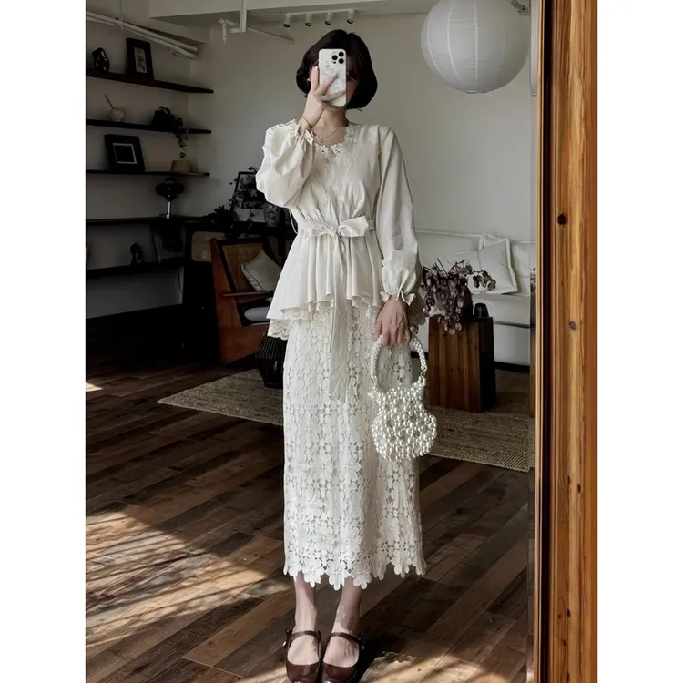 蕾丝拼接优雅套装秋季大码胖时尚长袖上衣+半身裙两件套女