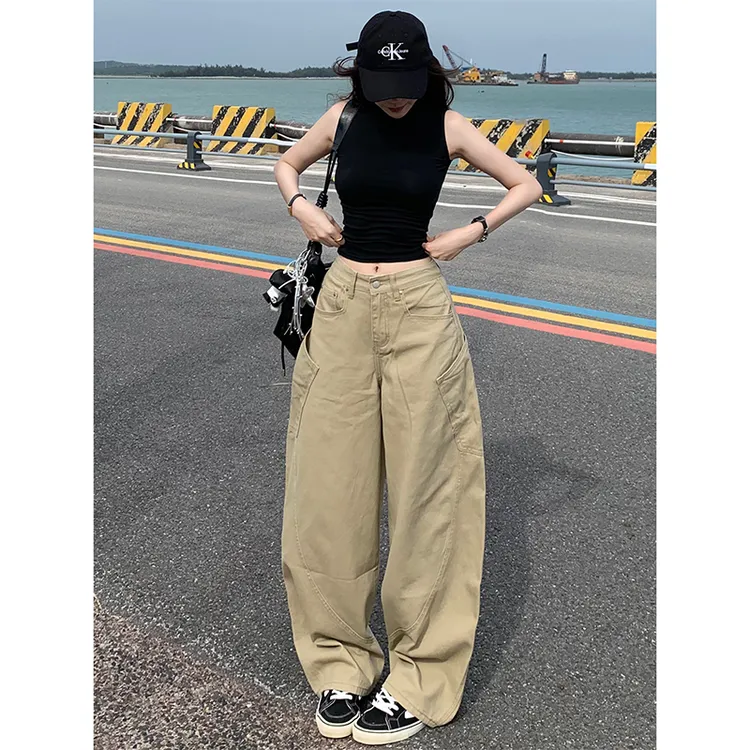 卡其色工装大口袋宽松阔腿牛仔裤女2025年秋季新款高腰显瘦弯刀裤