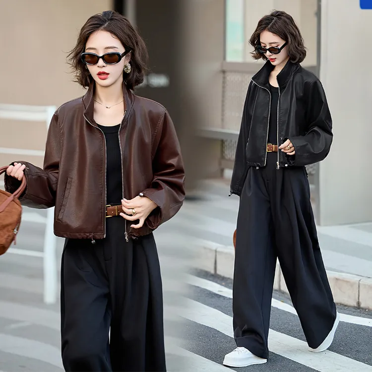 海宁真皮宽松立领短外套女2025秋季新款时尚减龄百搭机车服短上衣