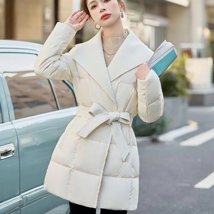 收腰羽绒服女中长款2025冬季新款独特高端大翻领90白鸭绒保暖外套