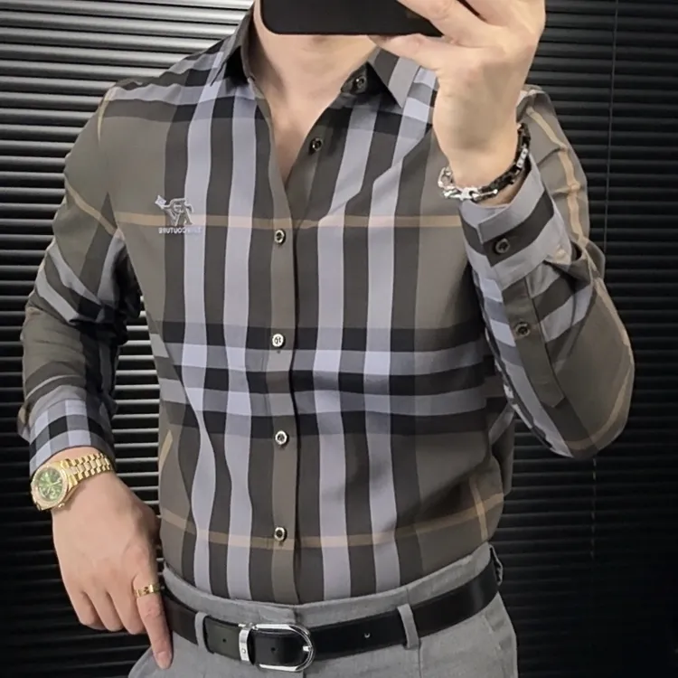 男士时尚修身咖色格纹长袖衬衫秋季新款商务休闲