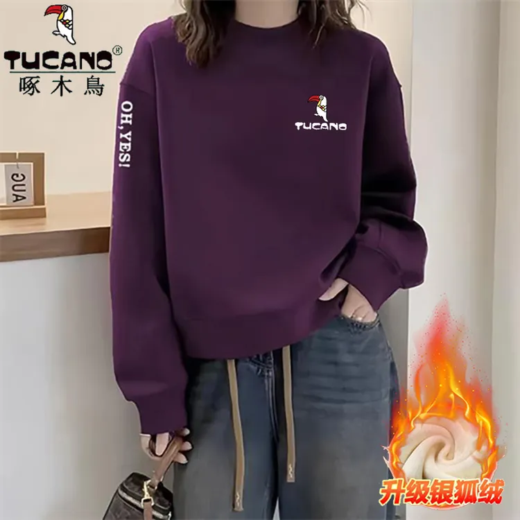 啄木鸟纯棉加绒加厚秋冬保暖卫衣女美式字母印花长袖打底气质上衣