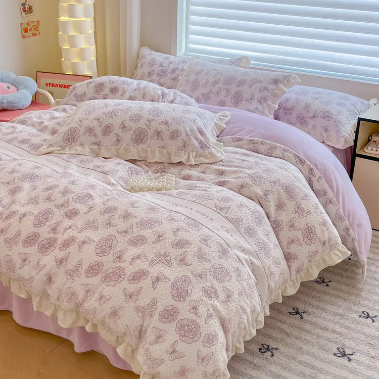 5D雕花牛奶绒四件套韩版冬季加绒加厚冬天雕花被套床裙床单款床品