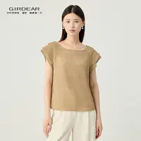 哥弟新款女装时尚百搭H版方领不规则褶皱设计套头短袖衫130045