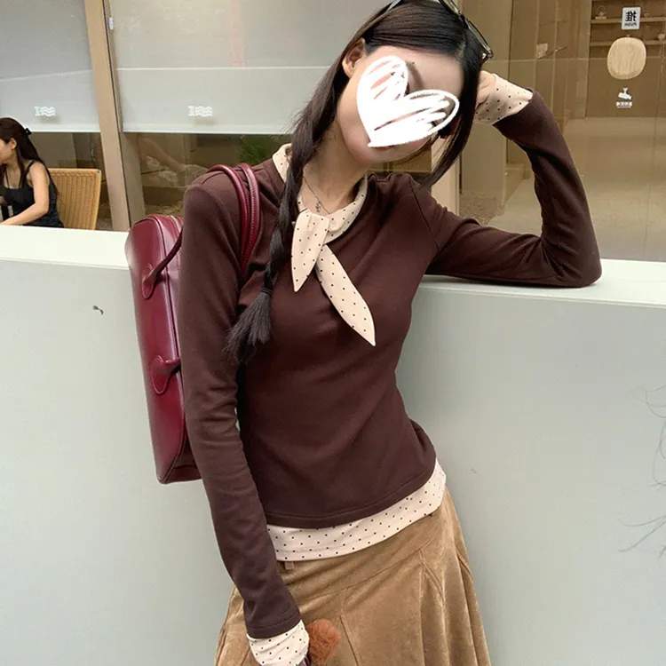 波点拼接长袖打底衫女秋冬新款咖色假两件修身内搭法式独特上衣潮