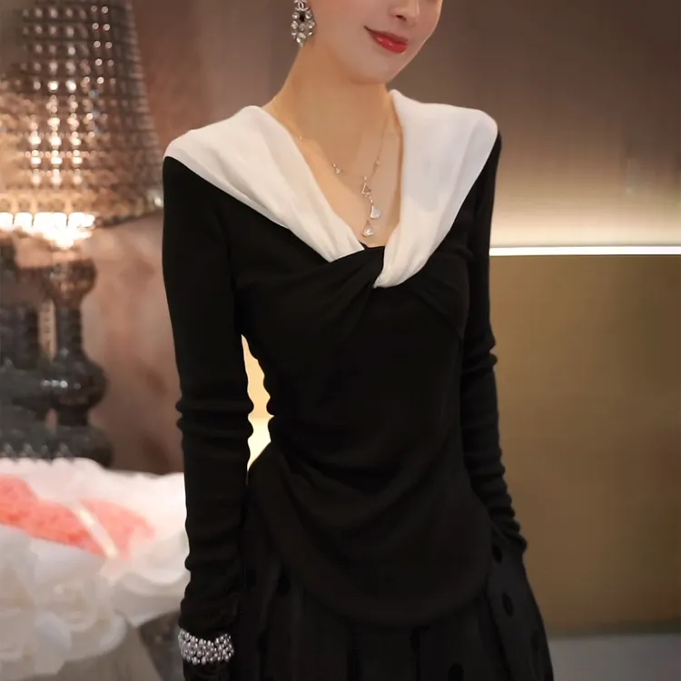 秋季女法式撞色V领长袖T恤时尚高级感交叉扭结一字肩内搭打底上衣