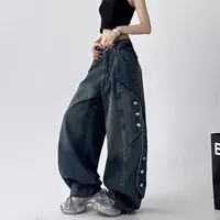 美式复古水洗痞帅工装牛仔裤男女欧美高街重磅裤排扣拼接直筒裤