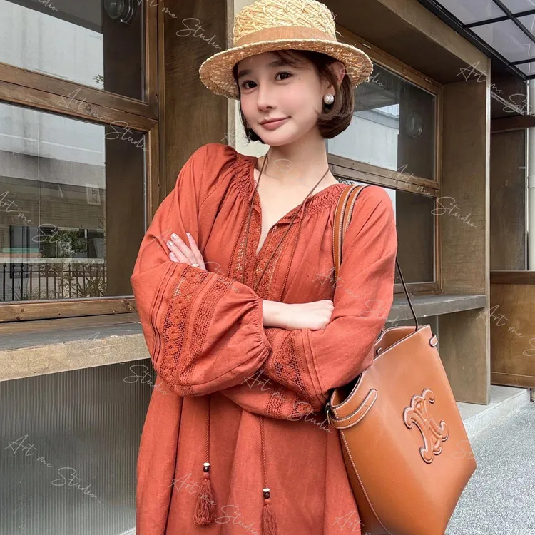 镂空蕾丝工艺流苏绳结宽松泡泡袖亚麻天丝混纺两色连衣裙w1500w1