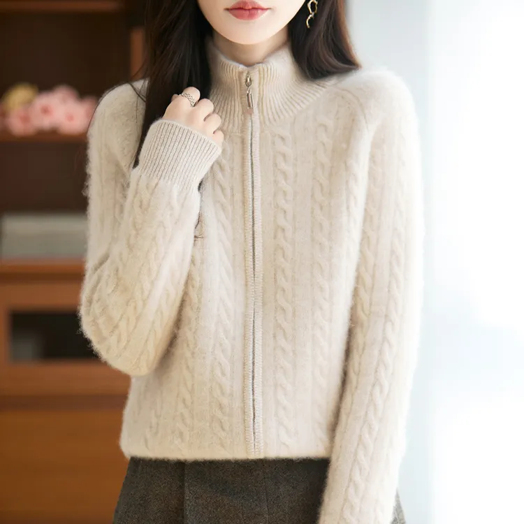 专柜正品100%羊绒衫女时尚拉链开衫外套秋冬款加厚保暖半高领毛衣