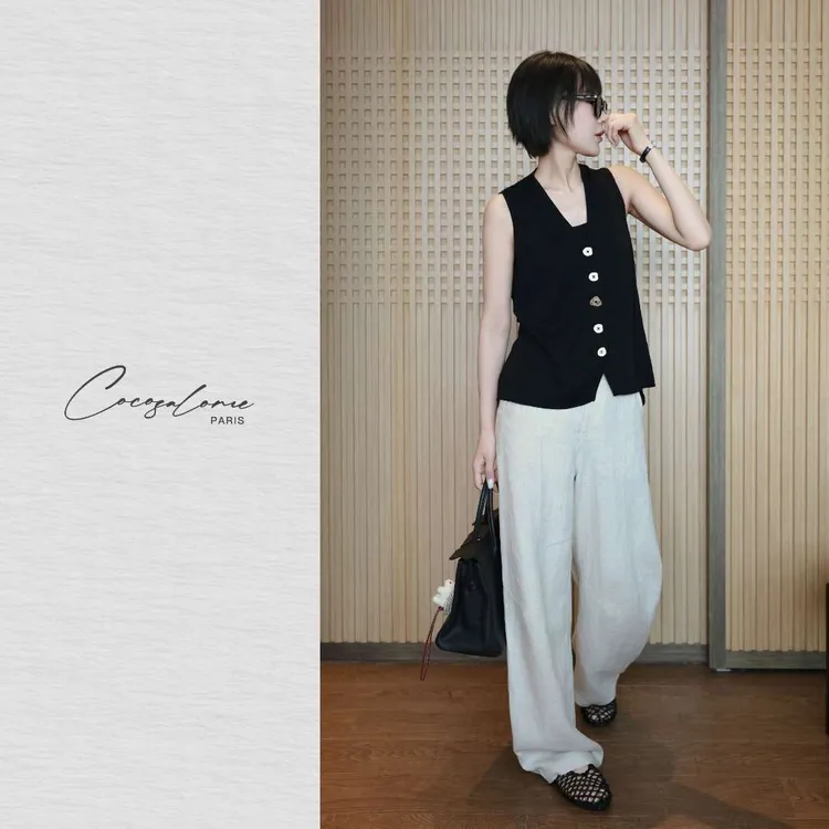 韩彬彬"法式马甲"夏季羊毛混纺优雅透气镂空设计无袖马甲1572-2