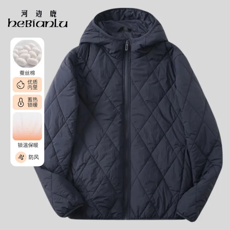 2025新款男士冬季棉衣加绒桑蚕丝棉袄休闲秋冬连帽菱形棉服保暖冬