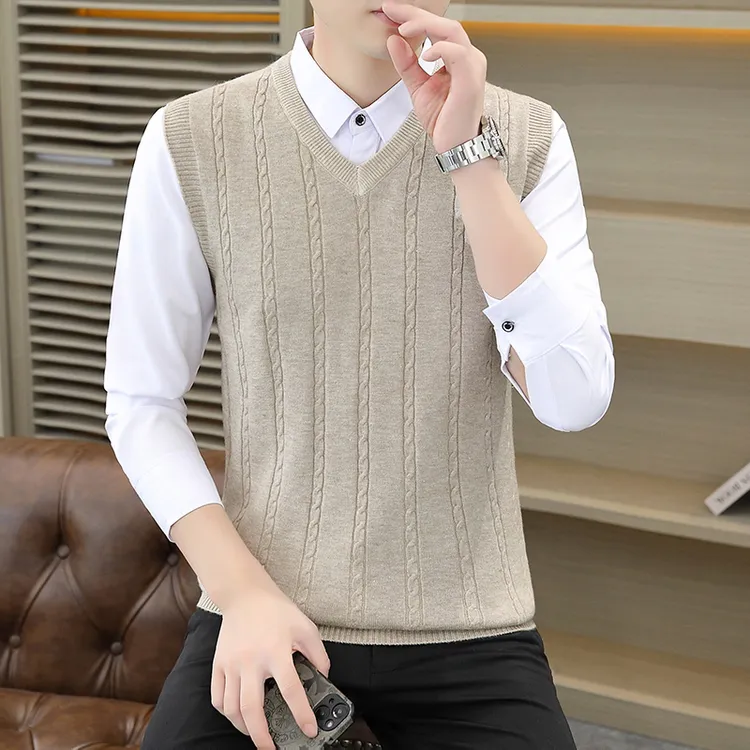 高档韩版V领提花针织马甲背心男士秋冬时尚打底衫毛衣品质男装901