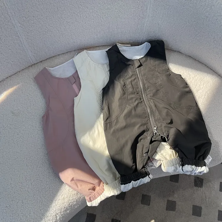 2025儿童宝宝夏季无袖新款时尚休闲拉链连体衣男女童纸感皱背带裤