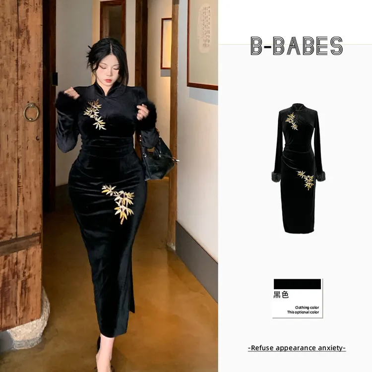 B-babes【节节高升】新中式国风复古连衣裙微胖收腰加绒改良旗袍