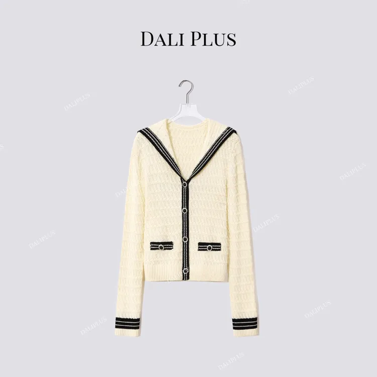 DALI PLUS"黄色海军领针织"撞色开衫针织毛衣-D5BL1144