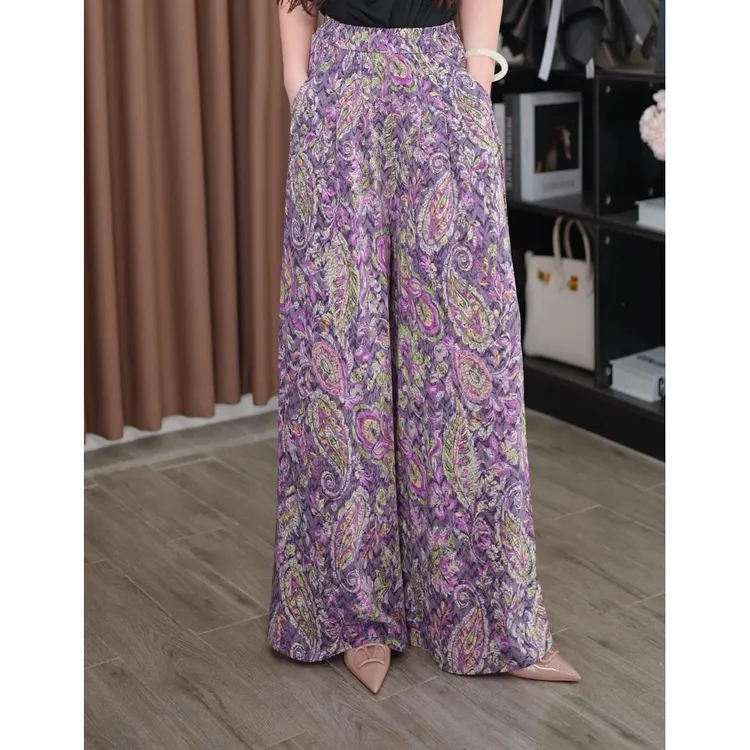 复古潮流女装休闲通勤风夏季薄款印花女士显瘦阔腿裤