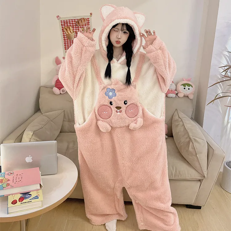 连体睡衣女秋冬季长袖珊瑚绒卡通可爱加厚加绒保暖连帽冬天家居服