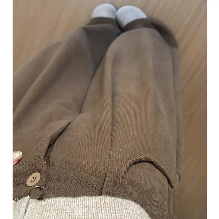 韩系棕咖色女秋季灯芯绒西装裤高腰宽松bf慵懒风小个子直筒阔腿裤